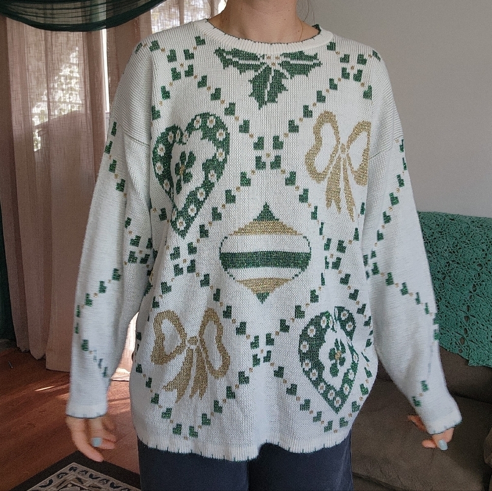 Vintage Gold & Green Knit Christmas Sweater Size Large